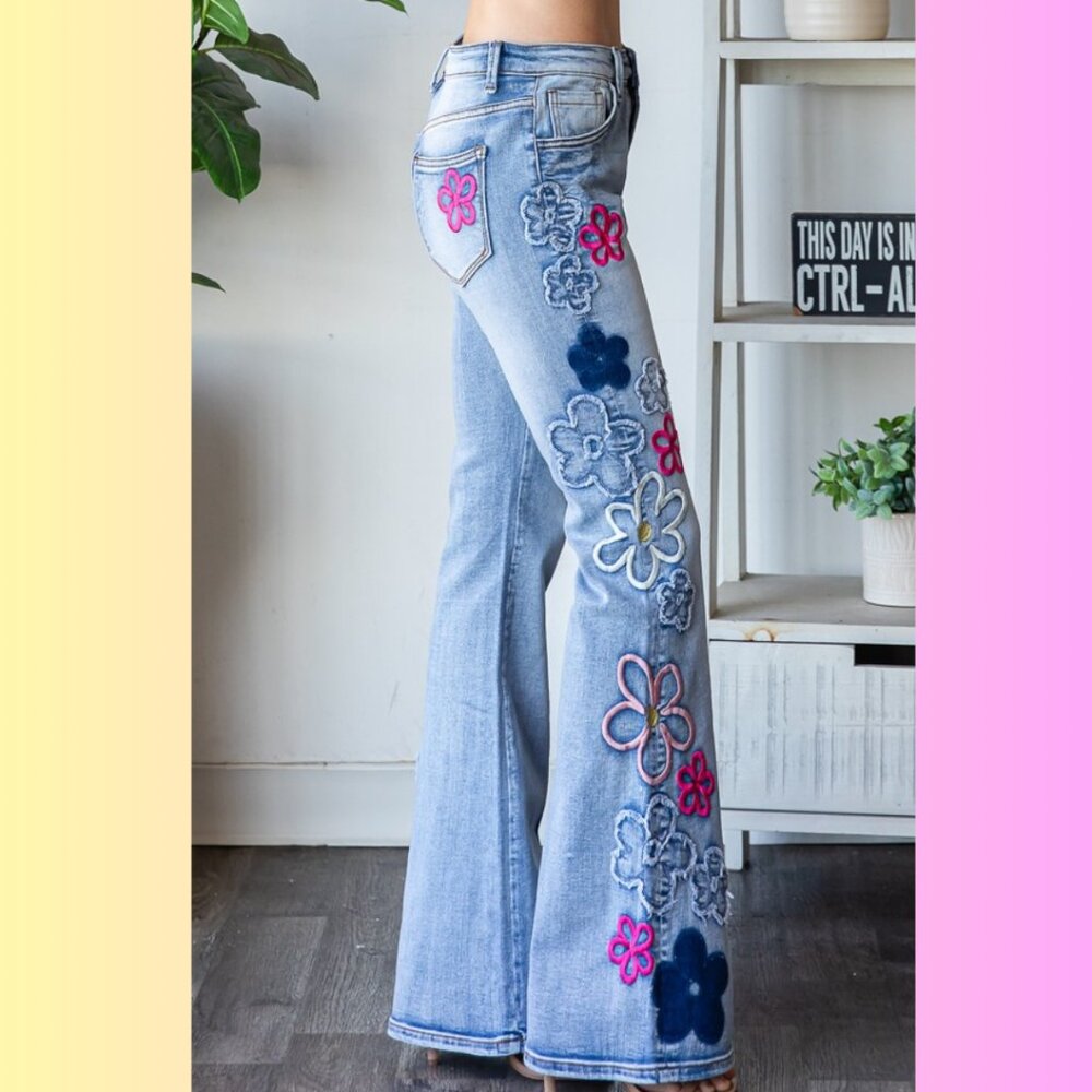 O&H Floral Embroidered Flare Jeans High Waisted Light Wash 70s Style Denim Pants